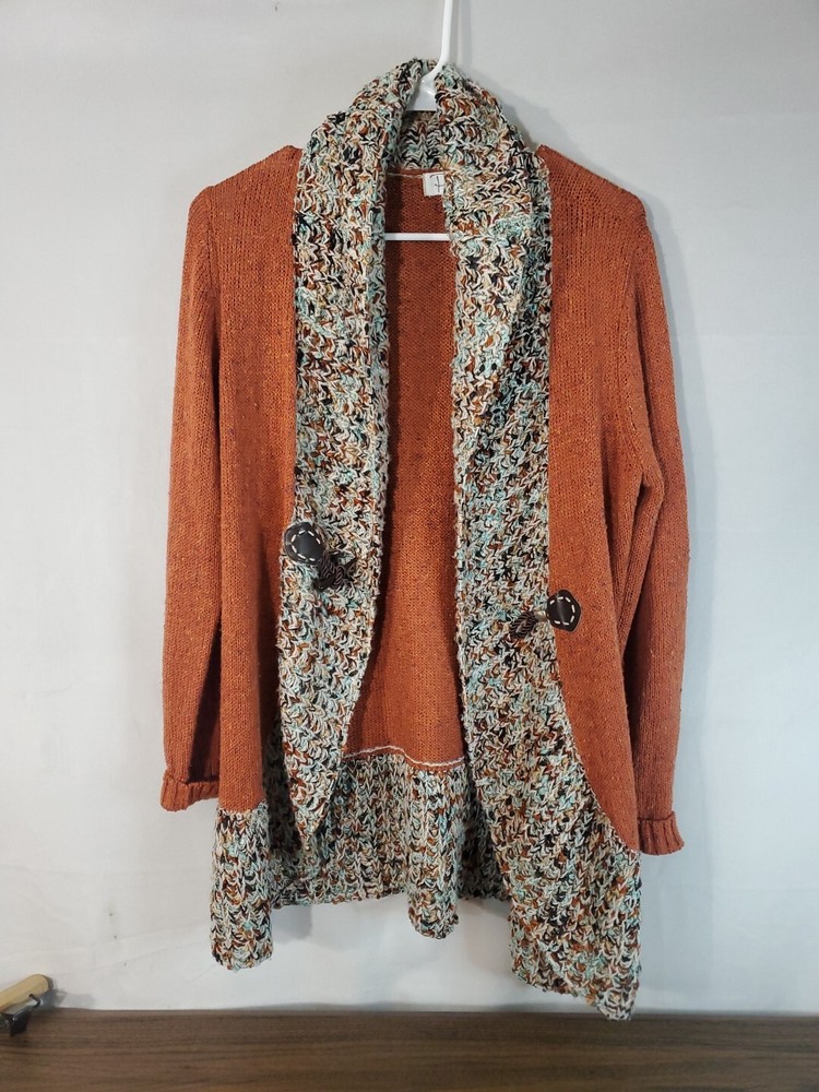 Ponsesa Cardigan Sweater Women's Size Large Rust Fall Autumn Textured Knit Boho