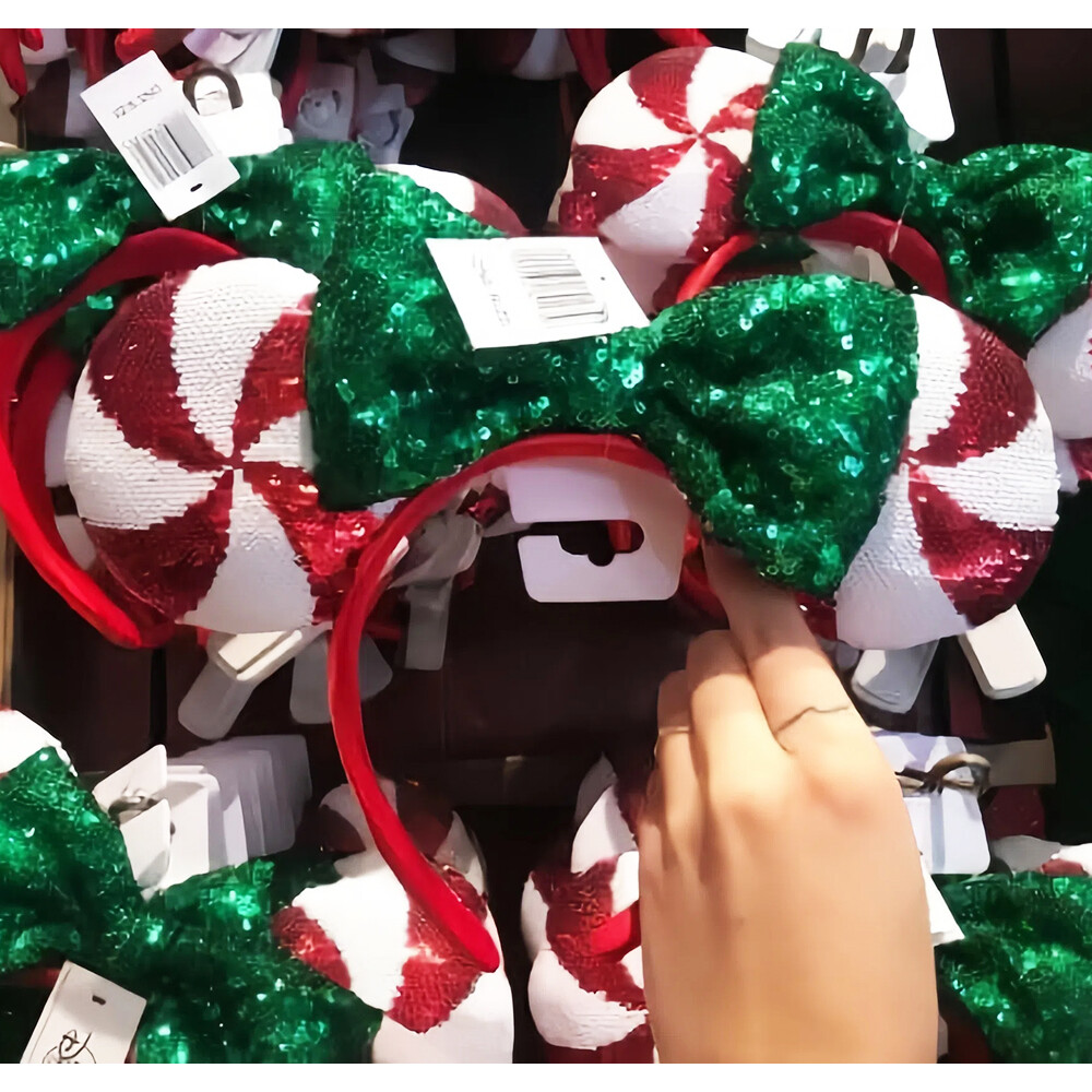 Disney Parks Christmas Minnie Ears Headband with Sequin Bow and Candy Cane Lollipop