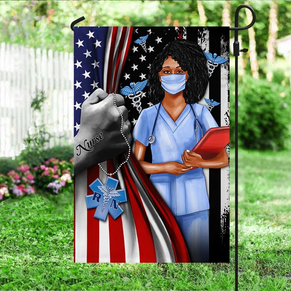 Black Women Nurse American Flag Garden Flag for Outdoor Decor