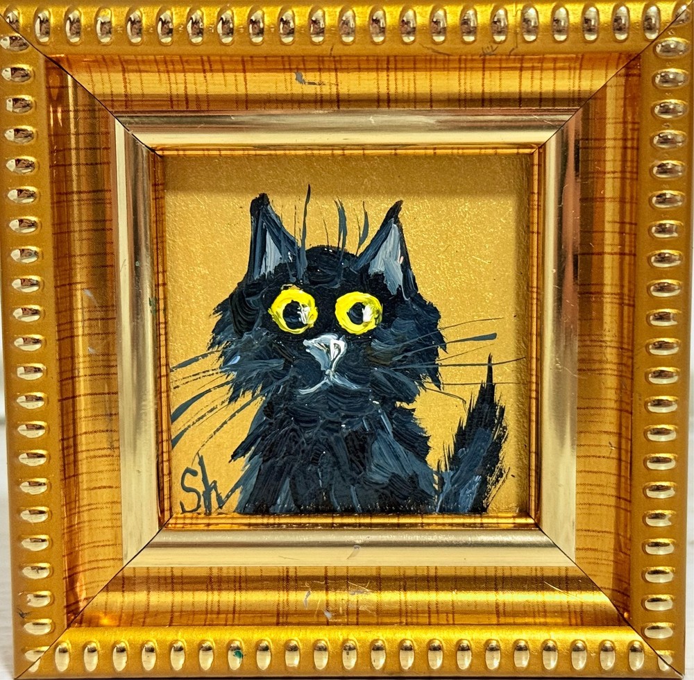 FRAMED Funny Black Cat Original Oil Painting Portrait Pet Animal Signed Art