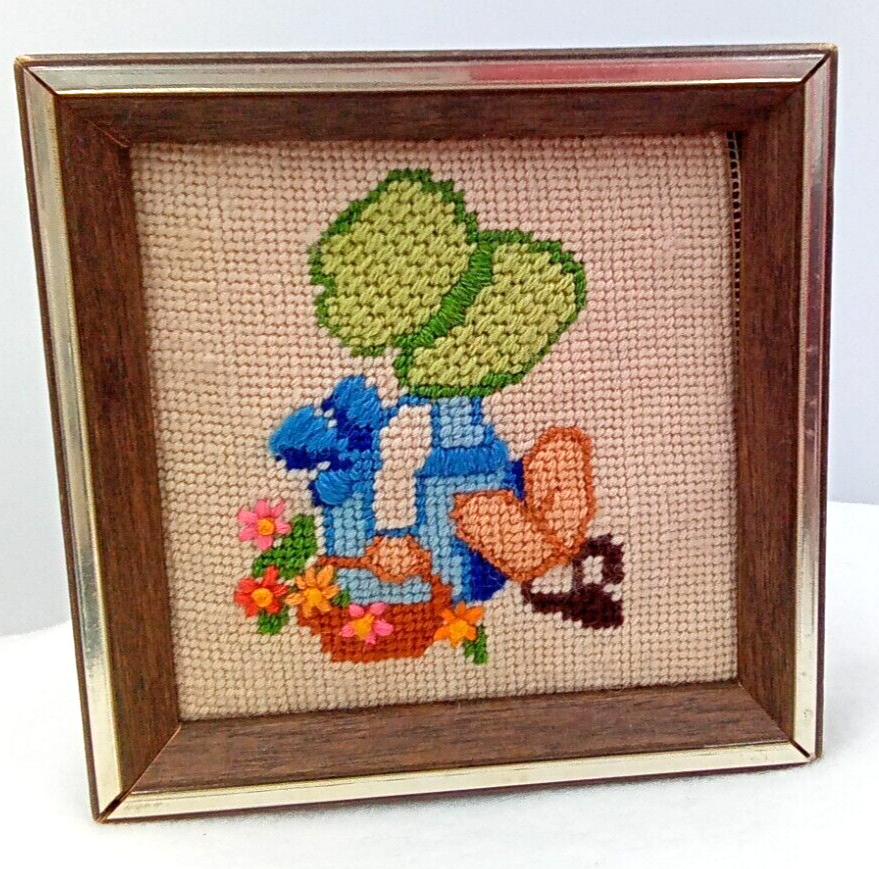 Sunset Girl Crewel Stitch Picture Sign Framed Bonnet Basket Floral Vintage 6x5