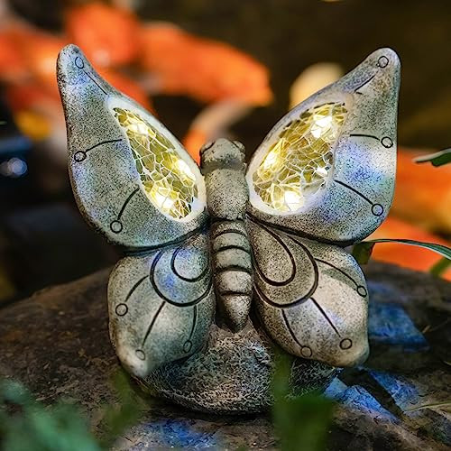 Garden Statue - Solar Butterfly Decor for Outdoor, Resin Butterfly Figurine