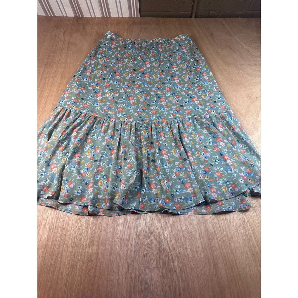 CATO Womens Floral Midi Skirt Green Elastic Waist Tiered Size Large