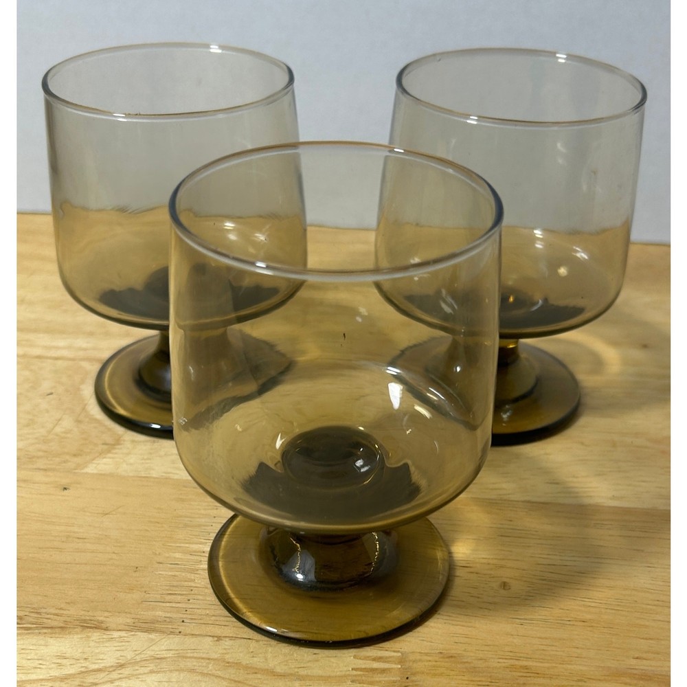 Libbey Tawny Smoke Glass Goblets Set of 3 Vintage Footed Stemware