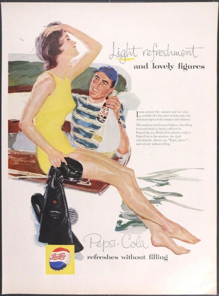 Vintage Magazine Ad 1957 Pepsi Cola Snorkeling Couple Yellow Swimsuit