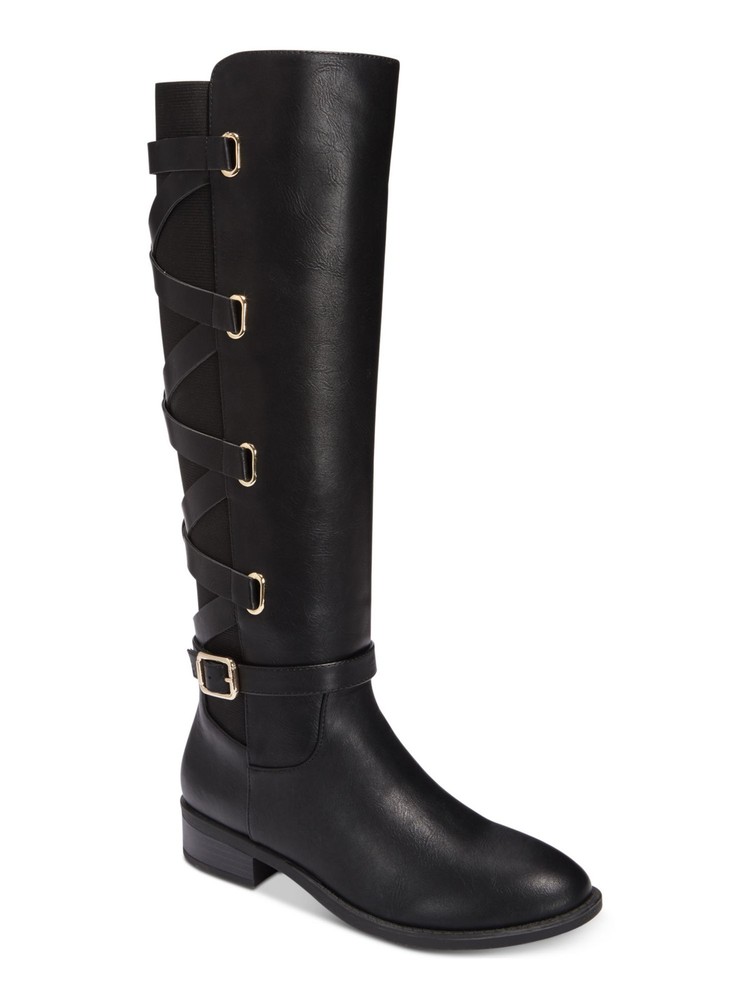 THALIA SODI Womens Black Criss-Cross Buckle Accent Stretch Zip-Up Boots 6.5 M