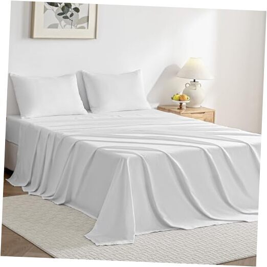 Bed Sheet Set 4pcs Cotton Pure Bedsheet Easy-Fit 16 Inch Deep Queen White