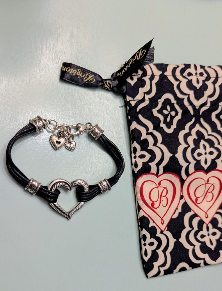 Brighton Silver Heart with Black Cord Bracelet with Dust bag . Adjustable EUC
