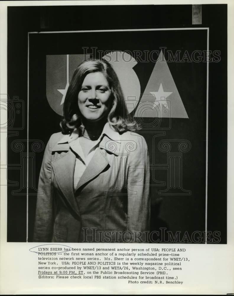 Press Photo Lynn Sherr anchors USA: People and Politics, on PBS. - sap55727