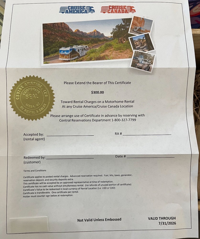 Cruise America RV Rental & RV Canada $300 GIFT CERTIFICATE.