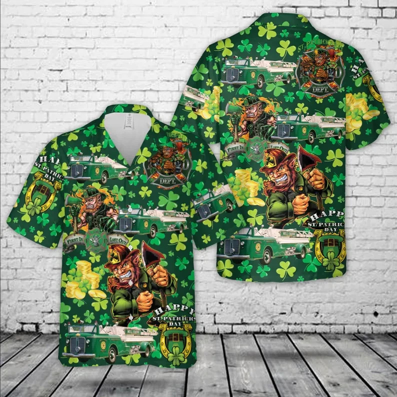 St Patricks Day Firefighter Hawaiian Shirt Shamrock Irish Men's Gift