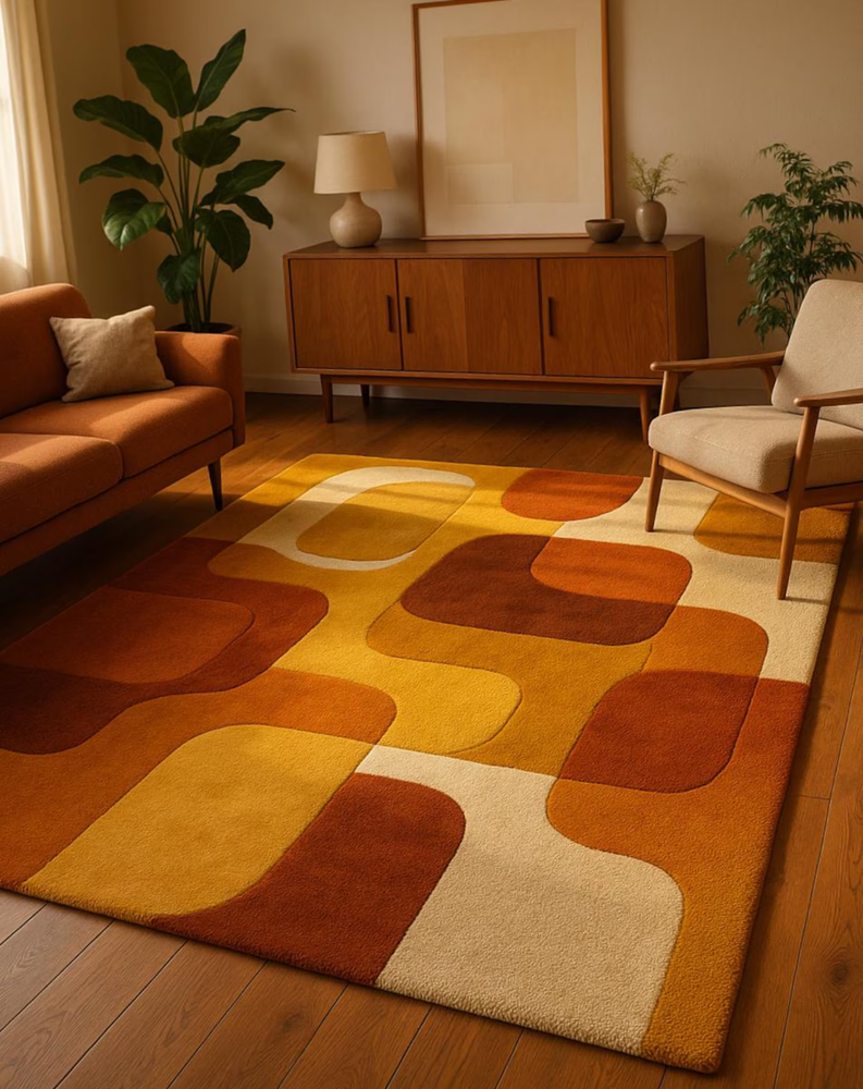 Mid Century Modern Wool Rug Geometric Area Rug Burnt Orange Mustard Yellow