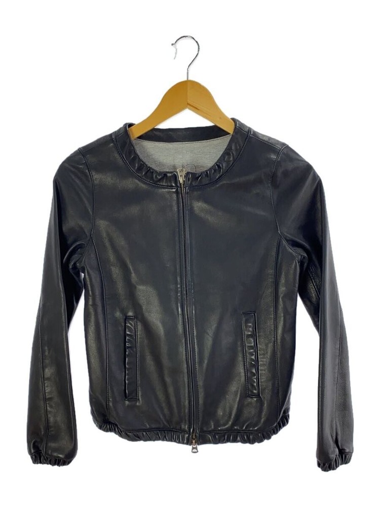 No-Collar Sheepskin Leather Blouson Jacket in Black 2246