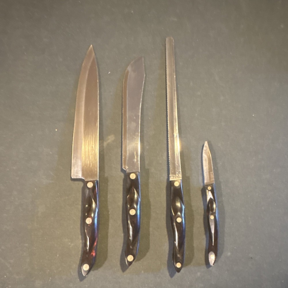 Cutco 4-Piece Stainless Steel Kitchen Knife Set Black Handles Chef Bread Paring