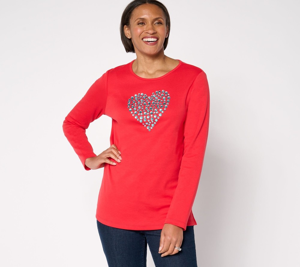 Quacker Factory Women's Top Plus Sz 1X Hearts A Bustin Long-Sleeve Red A675838