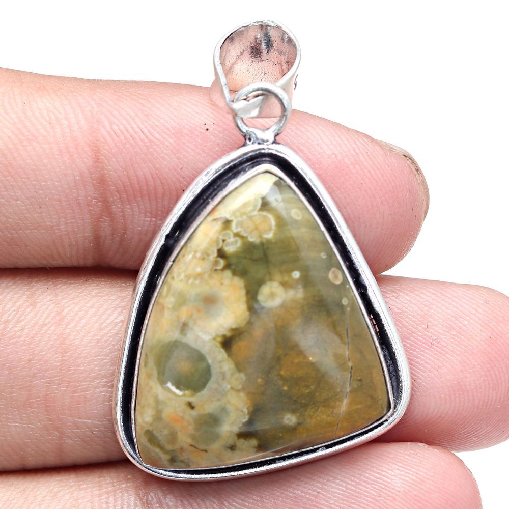 Handmade Rainforest Jasper Silver Pendant Necklace 1.75 Inch