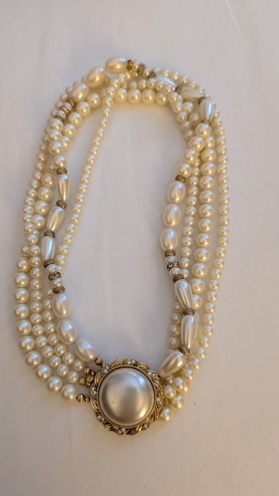 VTG Pristine Faux Pearl 4 Strand Choker Necklace Various Size Pearls RS4