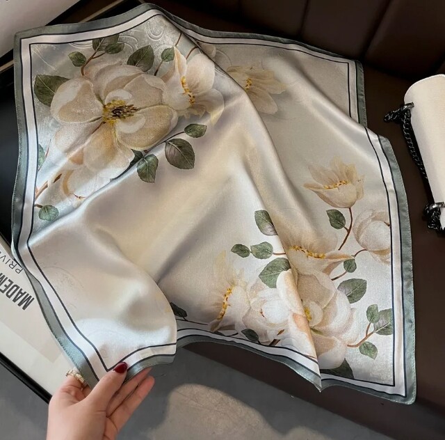 100% Silk 21 Inch Vintage Scarf for Women Floral Head Wrap Turban White Flower Design