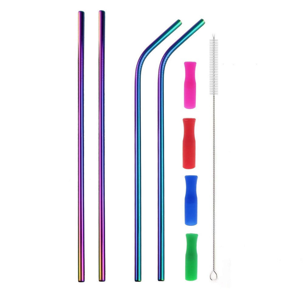 Colorful 12-Inch Reusable Stainless Steel Straws Set of 4 in Rainbow Colors
