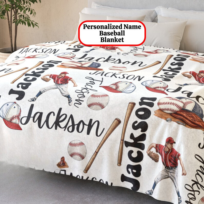 personalized Custom blanket printed Sporty Baseball Boy's name Warm Soft Bedding