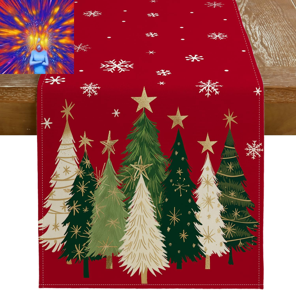 Christmas Table Runner 13X108 Inch, Xmas Trees Snowflakes Holiday Decorative Far