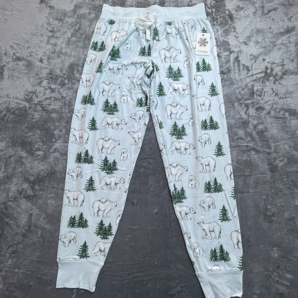PJ Salvage Womens Soft Cozy Polar Bear Tree Blue Joggers in Small