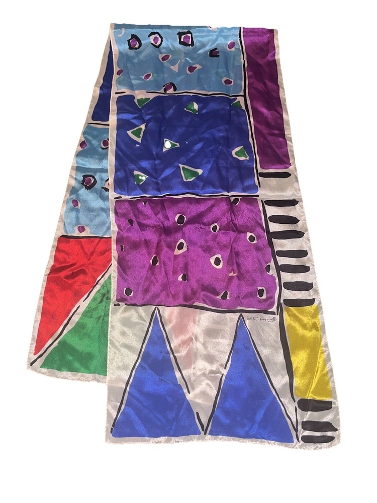 ECHO SILK Rainbow Geometric Art Print Scarf 11x52 Preowned Vintage Style