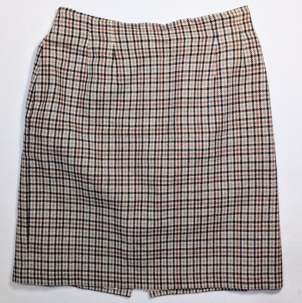 Brown Cream Orange Plaid Wool Blend Skirt Size 14 Savannah Style