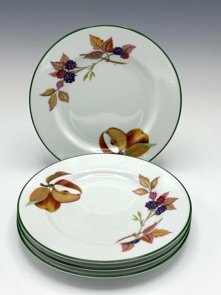 4 Royal Worcester Bread Plates Evesham Vale Fruit Green Trim England 6 5/8