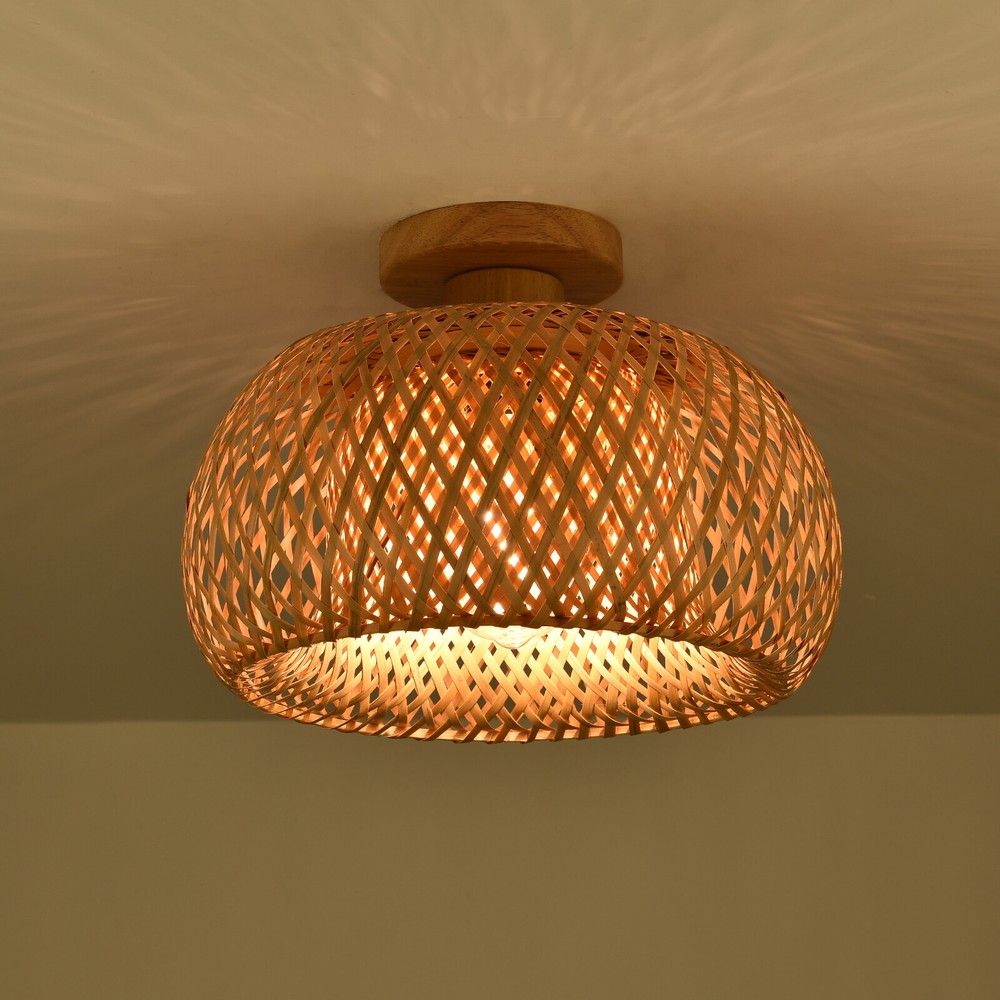 Semi Flush Mount Ceiling Light Farmhouse Bamboo Wicker Rattan Pendant Lamp USA