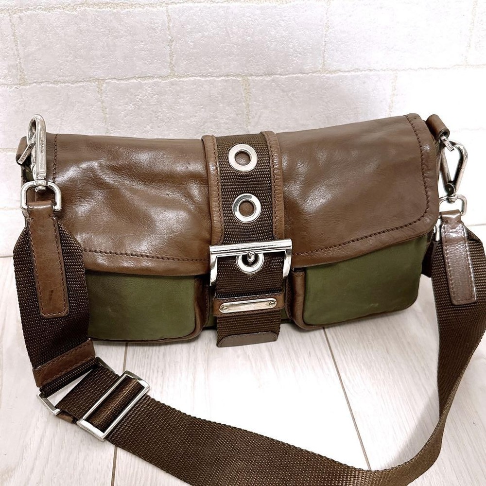 Prada Nylon Leather One Shoulder Bag 14x29cm Front Zipper Pre-Owned
