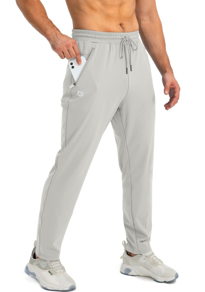 Mens Tapered Joggers with Zipper Pockets, Athletic Pants, Bright Grey, Large