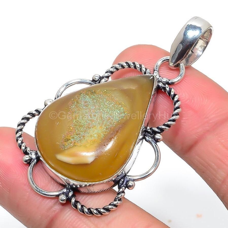 925 Sterling Silver Titanium Yellow Agate Druzy Gemstone Wedding Pendant Jewelry