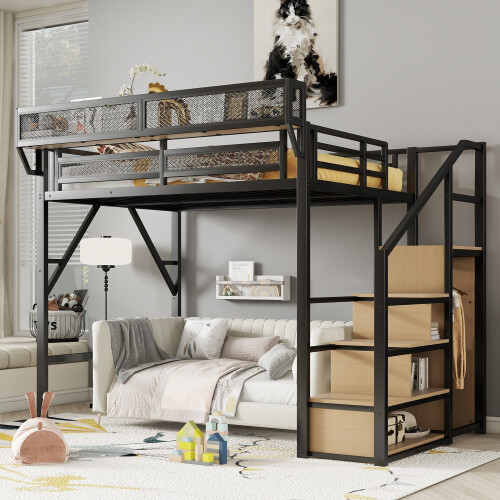Metal High Loft Bed with Wardrobe Stairs Storage Shelf Full Queen Size Bed Frame