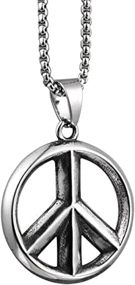 Men's Stainless Steel Peace Sign Necklace with 24-Inch Box Chain