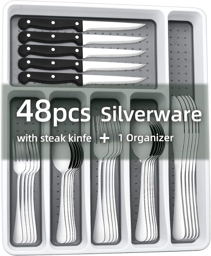 49-Piece Silverware Set with Organizer, CEKEE Stainless Steel Flatware Silver