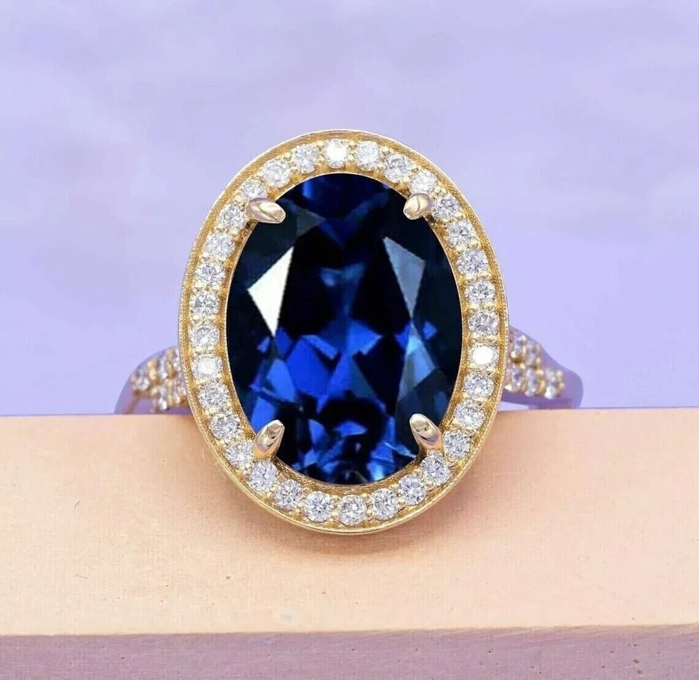 5.20 Ct Oval Cut Natural Sapphire Diamond Engagement Ring 14K Yellow Gold Solid