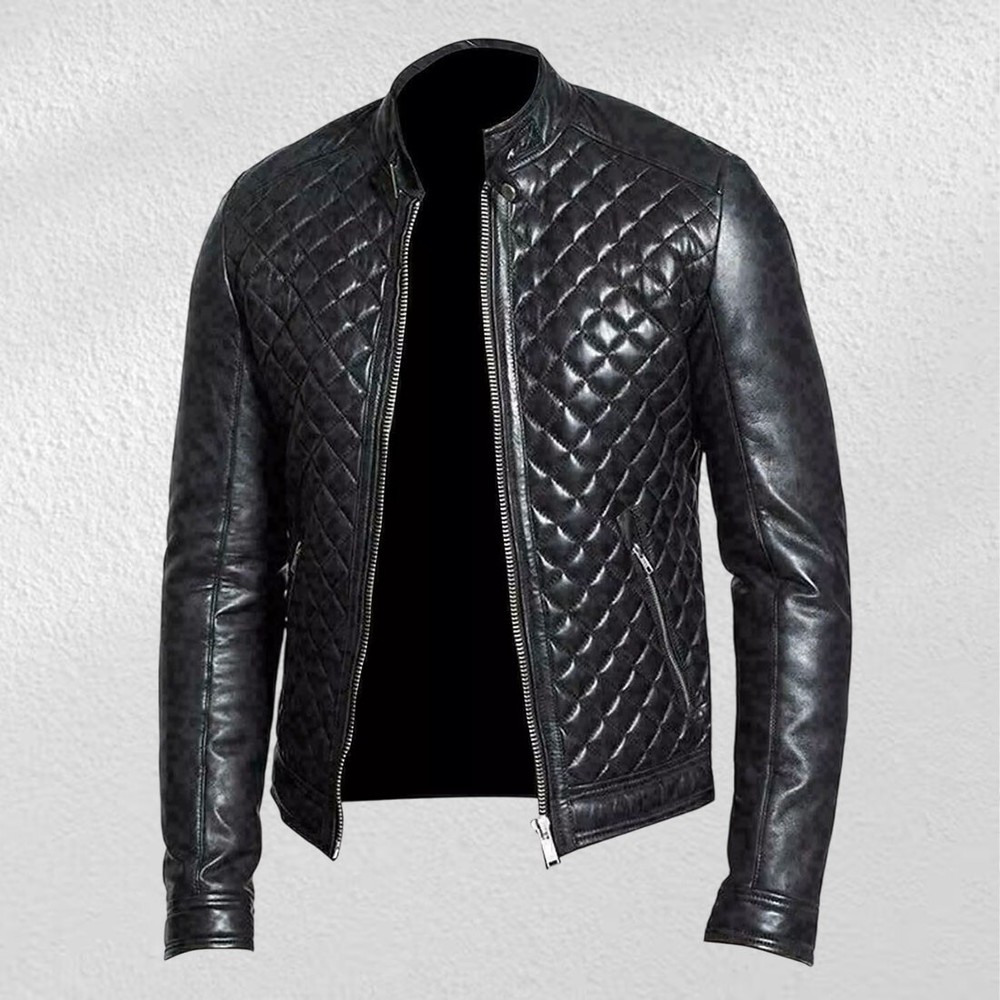 New Men's Genuine Lambskin Leather Jacket Black Quilted Motorcycle Biker Jacket