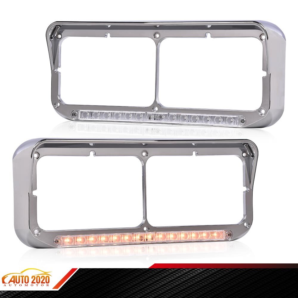 Headlight Bezels Chrome Fit For Kenwroth T600 T800 W900 Amber Light w/ LED Bar