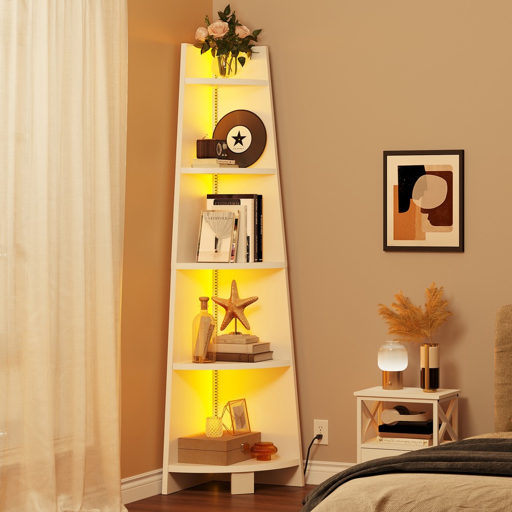 5 Tier Corner Shelf with LED Light Ladder Corner Bookshelf Open Display Shelves