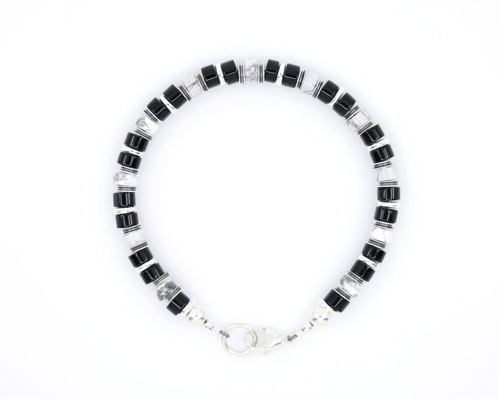 Men's Black Onyx, White Buffalo, Sterling Silver Heishi Beaded Gemstone Bracelet