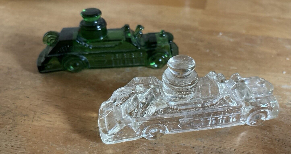2 Fire Engine Truck Glass Toy Candy Container Emerald Green Clear Vintage
