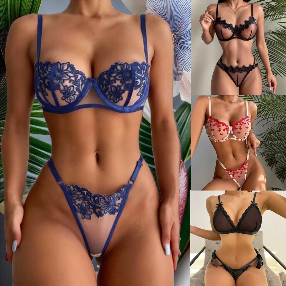 Lingerie Thongs Women’s Underwear Set Woman 2 Pieces Fancy Lace Transparent Bra