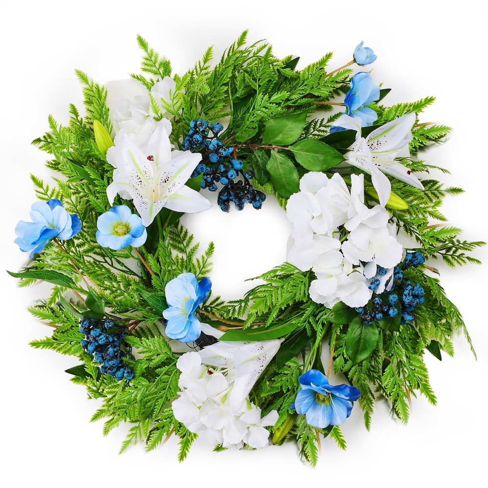 Purple Poppy and Lily Wreath with Blue Berries 20 Inch Indoor Outdoor Front Door Decor