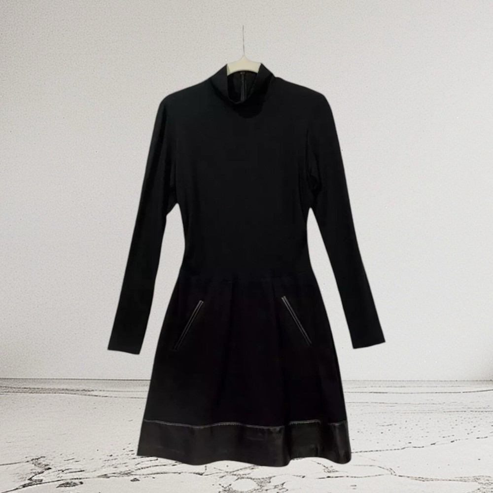 Nicole Miller Artelier Womens Mock Neck Leather Hem Midi Dress Size Medium 350