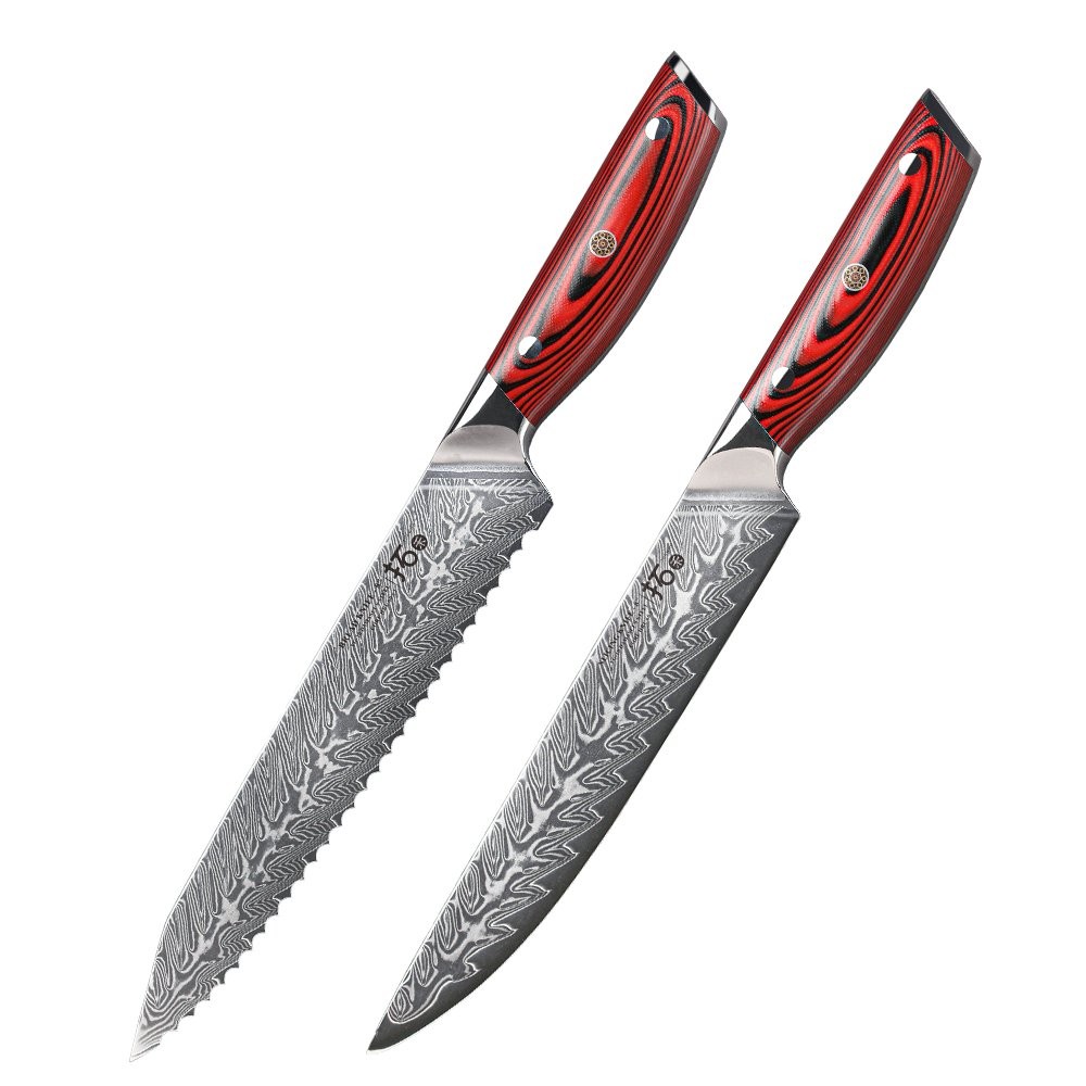 2Pcs 8in Bread Knife + 8in Slicing Knife Japan VG10 Damascus Steel Kitchen Knife