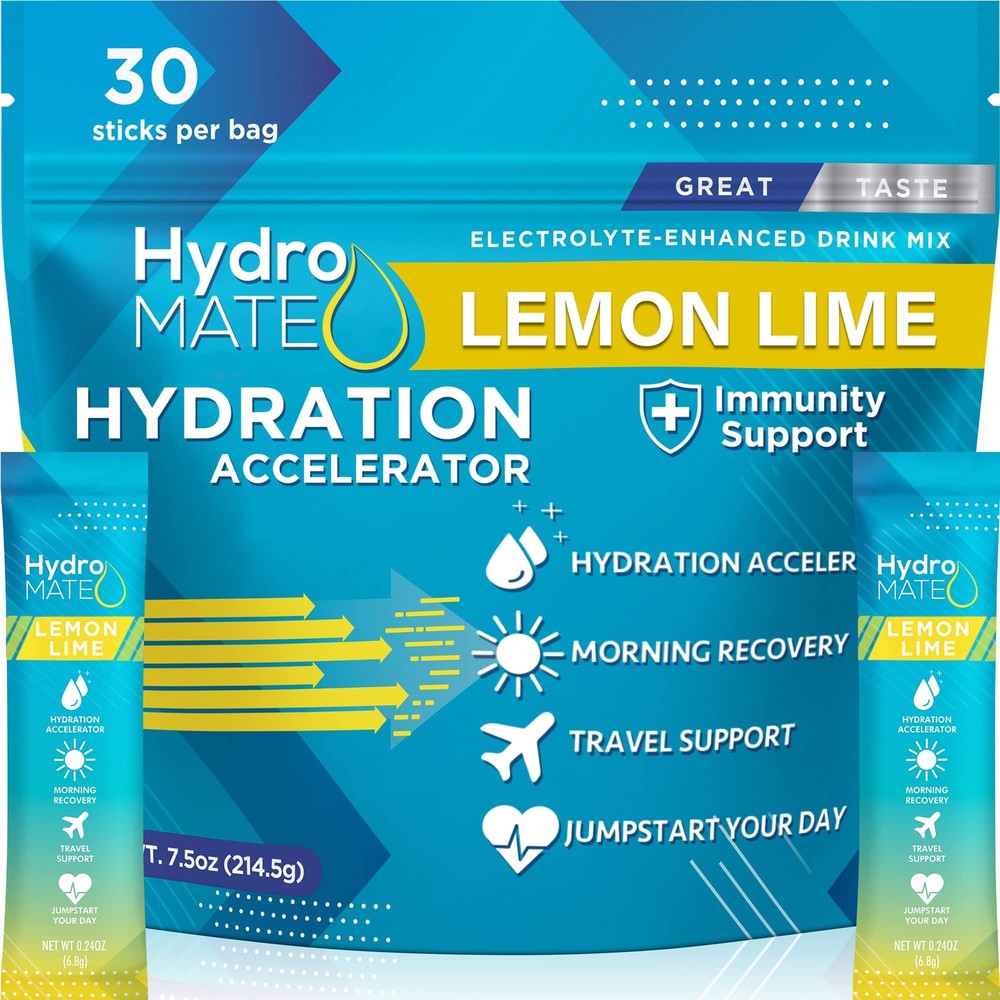 HydroMATE Electrolytes Powder - 30 Count Instant Lemon Lime Hydration Packets...