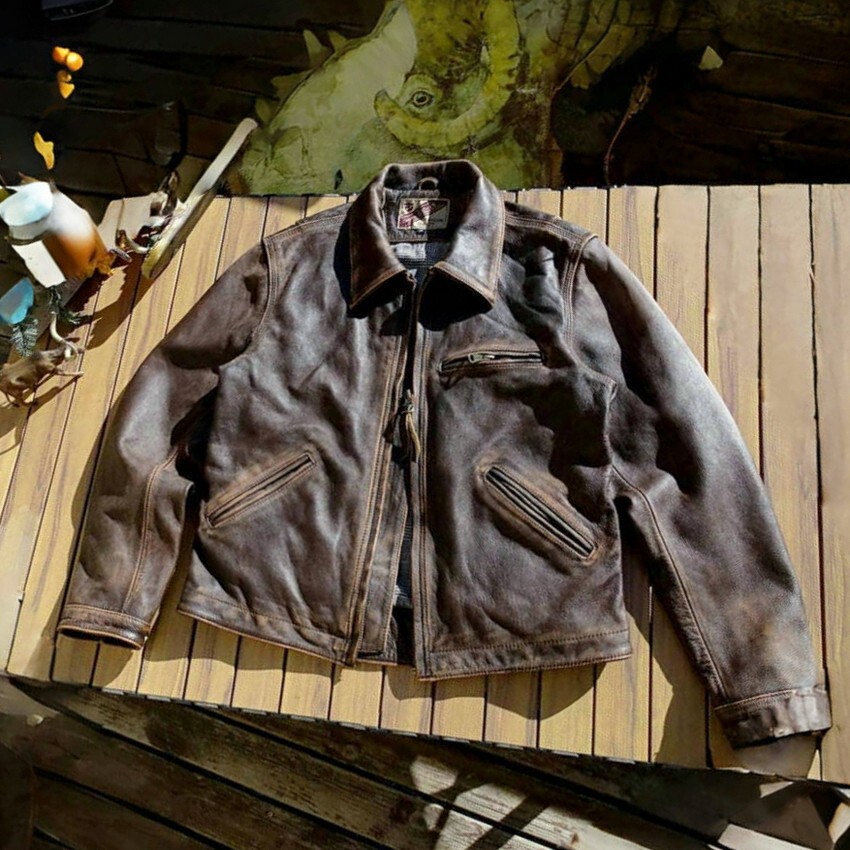 Vintage Stonewashed Distressed Cowhide Retro Workwear Leather Jacket for Men