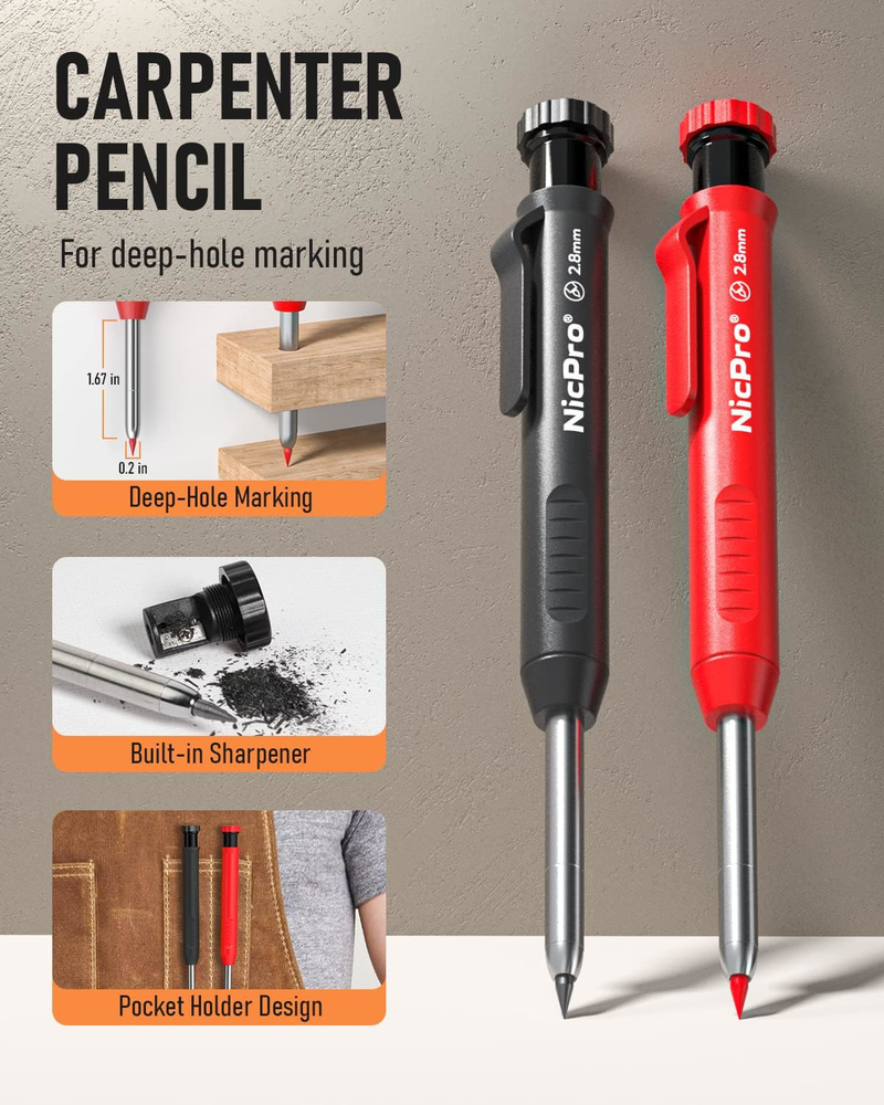 Nicpro Carpenter Pencil with Sharpener, Mechanical Pencils Set with 26 Refills,