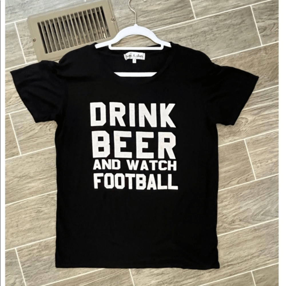 Beer Football  T-shirt Ladies drink small black short sleeve